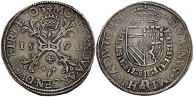 FELIPE II (1556-1598). 1 Escudo de Borgoña. (Ar. 28,76g/40mm). 1591. Nimega. (Vicenti 1362). MBC+. Pátina grisácea. Escaso ejemplar así.