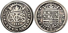 CARLOS III, El Pretendiente (1700-1714). 2 Reales. (Ar. 4,93g/27mm). 1708/7. Barcelona. (Cal-2019-28). MBC+.