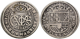 CARLOS III, el Pretendiente (1700-1714). 2 Reales. (Ar. 4,60g/27mm). 1709. Barcelona. (Cal-2019-30). MBC.