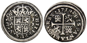FELIPE V (1700-1746). 1/2 Real. (Ar. 1,43g/16mm). 1719. Cuenca JJ. (Cal-2019-105). MBC.