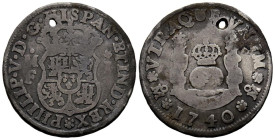 FELIPE V (1700-1746). 1 Real. (Ar. 3,07g/21mm). 1740. México MF. (Cal-2019-516). BC+. Perforación.