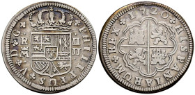FELIPE V (1808-1833). 2 Reales (Ar. 5,17g/28mm). 1720. Madrid JJ. (Cal-2019-773). Ensayador en una línea. MBC+. Bonita pátina. Escasa.