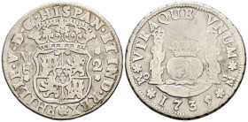 FELIPE V (1700-1746). 2 Reales (Ar. 5,91g/27mm). 1735/4. México MF. (Cal-2019-810). Sobrefecha. MBC/MBC-.