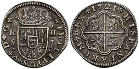 FELIPE V (1700-1746). 2 Reales. (Ar. 5,49g/28mm). 1721. Sevilla J. (Cal-2019-979). MBC.