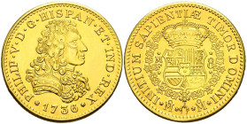 FELIPE V (1700-1746). 8 Escudos (Au. 26,56g/38mm). 1736. México. Réplica moderna de joyería de 0,700 milésimas. EBC+.