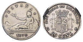 GOBIERNO PROVISIONAL (1868-1871). 20 Céntimos. (Ar. 0,97g/16mm). 1870 *70. Madrid SNM. Encapsulada por NCV VF 30, Cleaned. Escaso ejemplar.