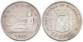 GOBIERNO PROVISIONAL (1868-1871). 50 Céntimos. (Ar. 2,41g/16mm). 1869 *69. Madrid SNM. (Cal-2019-13). MBC. Estrellas perfectamente visibles. Precioso ...