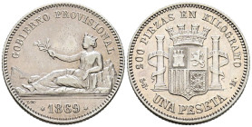 GOBIERNO PROVISIONAL (1868-1871). 1 Peseta. (Ar. 4,91g/23mm). 1869. Madrid SNM. (Cal-2019-16). Leyenda: Gobierno Provisional. MBC+. Buen ejemplar.