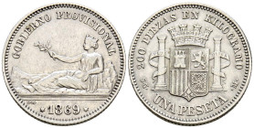 GOBIERNO PROVISIONAL (1868-1871). 1 Peseta. (Ar. 5,00g/23mm). 1869. Madrid SNM. (Cal-2019-16). Leyenda: Gobierno Provisional. MBC+/MBC.