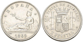 GOBIERNO PROVISIONAL (1868-1871). 2 Pesetas. (Ar. 9,81g/27mm). 1869 *18-69/8. Madrid SNM. (Cal-2019-21). MBC. Limipado. Escasa.