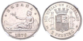 GOBIERNO PROVISIONAL (1868-1871). 2 Pesetas. (Ar. 9,89g/27mm). 1870* 18-74. Madrid DEM. (Cal-2019-31). Encapsulada por NCV MS 60 Hairlines"."