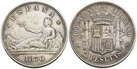 GOBIERNO PROVISIONAL (1868-1871). 2 Pesetas. (Ar. 9,90g/27mm). 1870 *18-74. Madrid DEM. (Cal-2019-31). EBC-.