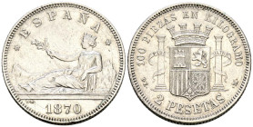 GOBIERNO PROVISIONAL (1868-1871). 2 Pesetas. (Ar. 9,83g/27mm). 1870* 18-74. Madrid DEM. (Cal-2019-31). MBC+. Limpiada.