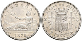 GOBIERNO PROVISIONAL (1868-1871). 2 Pesetas. (Ar. 9,91g/27mm). 1870 *18-75. Madrid DEM. (Cal-2019-33). EBC-. Acuñada ya en el reinado de Alfonso XII.