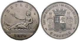 GOBIERNO PROVISIONAL (1868-1871). 5 Pesetas. (Ar. 24,81g/37mm). 1870 *18-70. Madrid SNM. (Cal-2019-39). Encapsulada por NCV AU 53 Hairlines"."