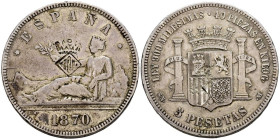GOBIERNO PROVISIONAL (1868-1871). 5 Pesetas. (Ar. 24,60g/37mm). 1870 *18-70. Madrid SNM. (Cal-2019-39). MBC-. Curioso e interesante resello en anverso...