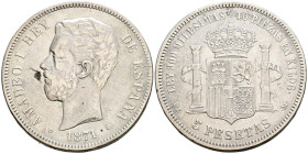 AMADEO I (1871-1873). 5 Pesetas. (Ar. 24.53g/37mm). 1871 *18-73. Madrid DEM. (Cal-2019-3). MBC. Hoja en anverso. Escasa.