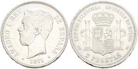 AMADEO I (1871-1873). 5 Pesetas. (Ar. 24,92g/38mm). 1871 *18-74. Madrid DEM. (Cal-2019-5). MBC.