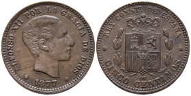 ALFONSO XII (1874-1885). 5 Céntimos. (Ae. 5,07g/25mm). 1877. Barcelona OM. (Cal-2019-4). MBC+.