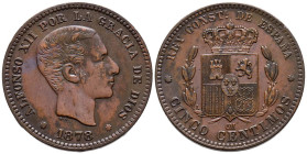 ALFONSO XII (1874-1885). 5 Céntimos. (Ae. 4,68g/25mm). 1878. Barcelona OM. (Cal-2019-5). MBC+. Atractivo color.