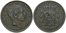 ALFONSO XII (1874-1885). 10 Céntimos. (Ae. 10,08g/30mm). 1879. Barcelona OM. (Cal-2019-10). EBC-.