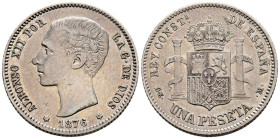 ALFONSO XII (1874-1885). 1 Peseta. (Ar. 4,95g/23mm). 1876 *18-76. Madrid DEM. (Cal-2019-15). MBC. Primera estrella floja pero visible. Preciosa pátina...