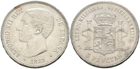 ALFONSO XII (1874-1885). 5 Pesetas. (Ar. 24,81g/37mm). 1875 *18-75. Madrid DEM. (Cal-2019-35). EBC. Algún leve golpecito en listel.