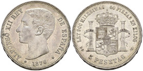 ALFONSO XII (1874-1885). 5 Pesetas. (Ar. 25,00g/37mm). 1876 *18-76. Madrid DEM. (Cal-2019-37). EBC-. Variante oreja rayada. Restos de brillo original.
