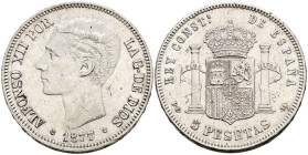 ALFONSO XII (1874-1885). 5 Pesetas. (Ar. 24,78/37mm). 1877 *18-77 . Madrid DEM. (Cal-2019-38). MBC+.
