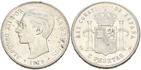 ALFONSO XII (1874-1885). 5 Pesetas. (Ar. 24,93g/37mm). 1879 *18-79. Madrid EMM. (Cal-2019-42). MBC. Estrellas perfectamente visibles.