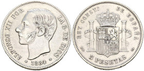 ALFONSO XII (1874-1885). 5 Pesetas. (Ar. 24,80g/37mm). 1884 *18-84. Madrid MSM. (Cal-2019-57). MBC+. Limpiada.