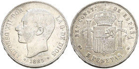 ALFONSO XII (1874-1885). 5 Pesetas. (Ar. 24,95g/37mm). 1885 *18-85. Madrid MSM. (Cal-2019-60). MBC+/EBC-. Restos de brillo original.
