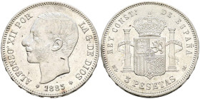 ALFONSO XII (1874-1885). 5 Pesetas. (Ar. 25,03g/37mm). 1885 *18-86. Madrid MSM. (Cal-2019-61). Acuñada bajo el reinado de Alfonso XIII. EBC-. Marquita...