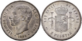 ALFONSO XII (1874-1885). 5 Pesetas. (Ar. 24,96g/38mm). 1885 *18-87. Madrid MSM. (Cal-2019-62). Acuñada bajo el reinado de Alfonso XIII. MBC+. Restos d...