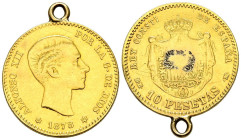 ALFONSO XII (1874-1885). 10 Pesetas. (Au. 3,22g/19mm). 1878 *18-78. Madrid EMM. (Cal-2019-65). MBC/BC. Usada como joya. Argolla y restos de soldadura ...