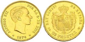 ALFONSO XII (1874-1885). 25 Pesetas. (Au. 8,06g/24mm). 1876 *18-76. Madrid DEM. (Cal-2019-67). MBC. Usada como joya.