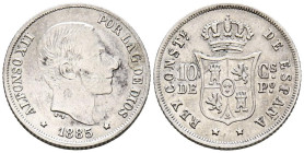 ALFONSO XII (1874-1885). 10 Centavos. (Ar. 2,59g/18mm). 1885. Manila. (Cal-2019-102). MBC+.