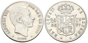 ALFONSO XII (1874-1885). 20 Centavos. (Ar. 5,05g/23mm). 1883. Manila. (Cal-2019-109). MBC+. Limpiado.