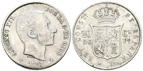 ALFONSO XII (1874-1885). 20 Centavos de Peso. (Ar. 5,08g/23mm). 1883. Manila. (Cal-2019-109). MBC/MBC+.