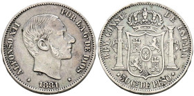 ALFONSO XII. (1874-1885). 50 Centavos. (Ar. 12,91g/30mm). 1881. Manila. (Cal-2019-114). MBC. Bonito tono.