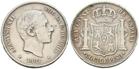 ALFONSO XII. (1874-1885). 50 Centavos. (Ar. 12,77g/30mm). 1881. Manila. (Cal-2019-114). MBC. Bonita pátina dorada especialmente en reverso.