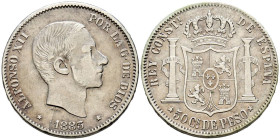 ALFONSO XII (1874-1885). 50 Centavos. (Ar. 12,89g/30mm). 1883. Manila. (Cal-2019-120). MBC/MBC+. Ligero tono dorado.