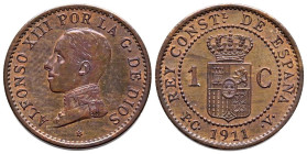 ALFONSO XIII (1885-1931). 1 Céntimo. (Ae. 1,07g/15mm). 1911 *1. Madrid PCV. (Cal-3). EBC+. Preciosa pátina.