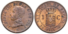 ALFONSO XIII (1885-1931). 1 Céntimo. (Ae. 0,88g/15mm). 1911 *1. Madrid PCV. (Cal-2019-3). EBC/EBC+. Rayas en anverso. Preciosa pátina. Escasa.