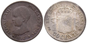 ALFONSO XIII (1885-1931). 50 Céntimos. (Ar. 2,45g/18mm). 1892/82 *6-2. Madrid PGM. (Cal-2019-30). MBC. Pátina oscura en anverso. Escasa.