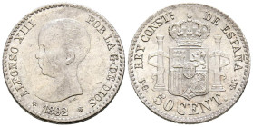ALFONSO XIII (1885-1931). 50 Céntimos. (Ar. 2,46g/18mm). 1892 *9-2. Madrid PGM. (Cal-2019-38). EBC+. Brillo original.