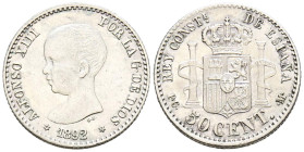 ALFONSO XIII (1885-1931). 50 Céntimos. (Ar. 2,53g/18mm). 1892 *9-2. Madrid PGM. (Cal-2019-38). EBC-.