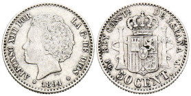 ALFONSO XIII (1885-1931). 50 Céntimos. (Ar. 2,51g/18mm). 1894 *9-4. Madrid PGV. (Cal-2019-43). MBC.