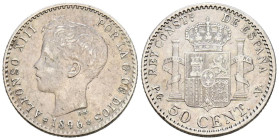 ALFONSO XIII (1885-1931). 50 Céntimos. (Ar. 2,46g/18mm). 1896 *9-6. Madrid PGV. (Cal-2019-44). MBC+. Variante oreja rayada. Escasa.