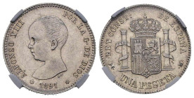ALFONSO XIII (1885-1931). 1 Peseta. (Ar. 5,00g/23mm). 1891 *18-91. Madrid PGM. (Cal-2019-53). Encapsulada por NCV AU 53 Hairlines"."